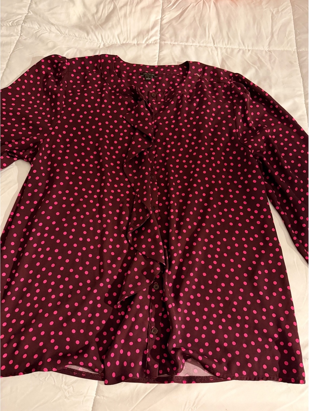 Ann Taylor Burgundy and Pink Polka Dot Ruffle Blouse Size L